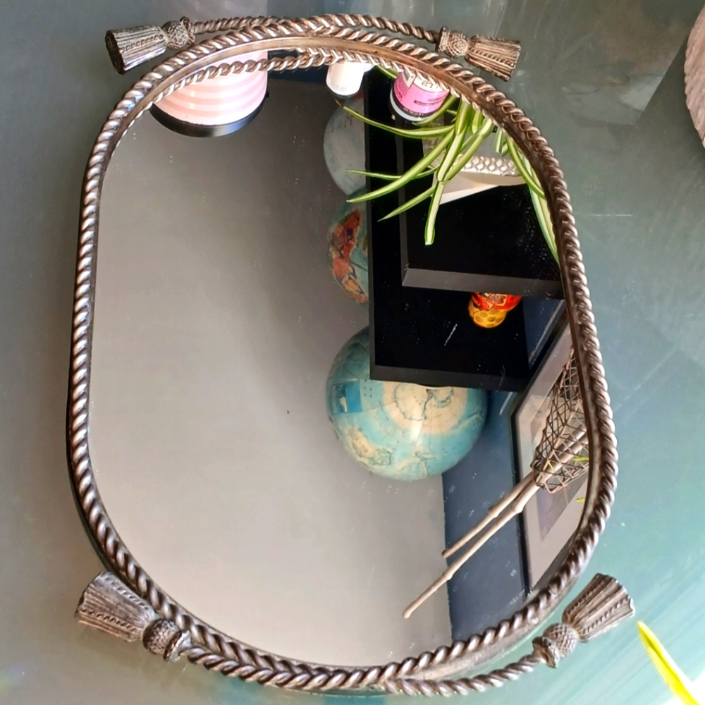 Vintage oval mirror vanity tray